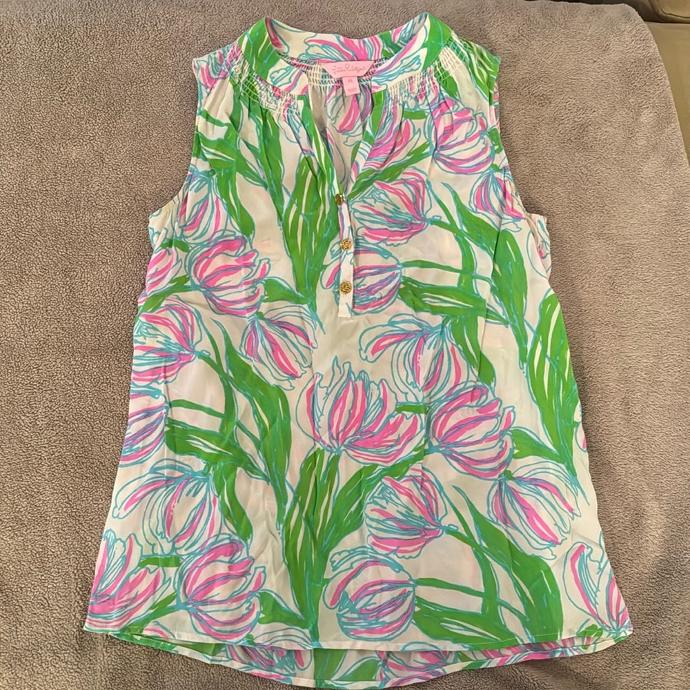 Lilly Pulitzer Elsa tank blouse 100% silk XS pink white and green